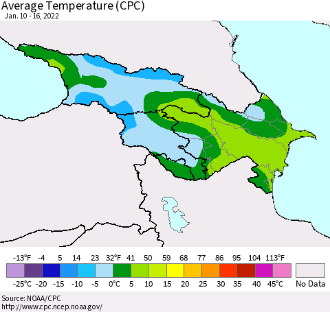 Azerbaijan, Armenia and Georgia Average Temperature (CPC) Thematic Map For 1/10/2022 - 1/16/2022