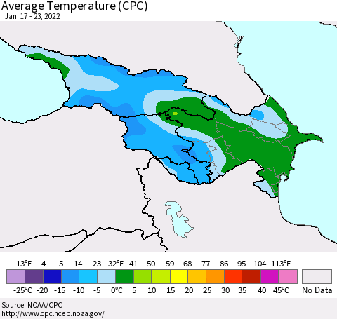 Azerbaijan, Armenia and Georgia Average Temperature (CPC) Thematic Map For 1/17/2022 - 1/23/2022