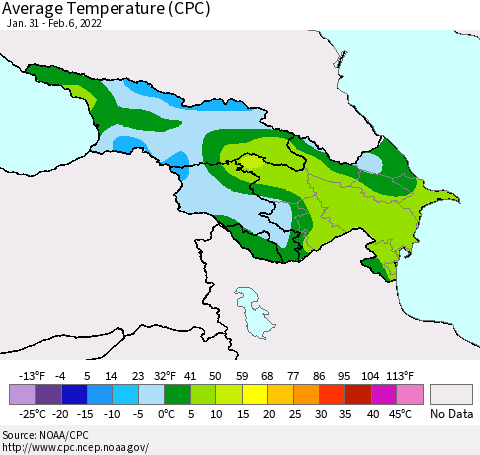 Azerbaijan, Armenia and Georgia Average Temperature (CPC) Thematic Map For 1/31/2022 - 2/6/2022