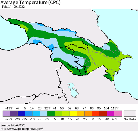 Azerbaijan, Armenia and Georgia Average Temperature (CPC) Thematic Map For 2/14/2022 - 2/20/2022