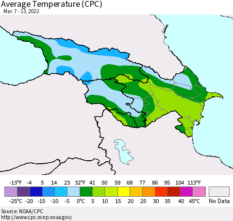 Azerbaijan, Armenia and Georgia Average Temperature (CPC) Thematic Map For 3/7/2022 - 3/13/2022