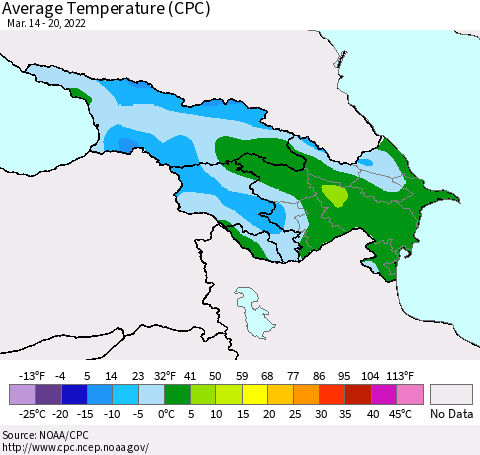 Azerbaijan, Armenia and Georgia Average Temperature (CPC) Thematic Map For 3/14/2022 - 3/20/2022