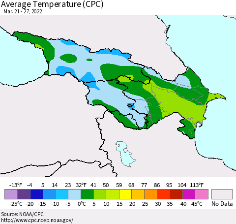 Azerbaijan, Armenia and Georgia Average Temperature (CPC) Thematic Map For 3/21/2022 - 3/27/2022