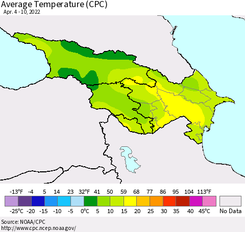Azerbaijan, Armenia and Georgia Average Temperature (CPC) Thematic Map For 4/4/2022 - 4/10/2022