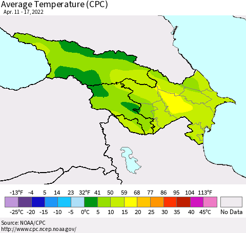 Azerbaijan, Armenia and Georgia Average Temperature (CPC) Thematic Map For 4/11/2022 - 4/17/2022