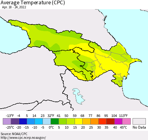 Azerbaijan, Armenia and Georgia Average Temperature (CPC) Thematic Map For 4/18/2022 - 4/24/2022