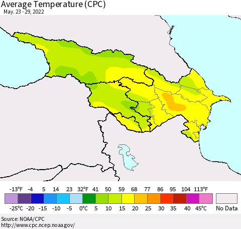 Azerbaijan, Armenia and Georgia Average Temperature (CPC) Thematic Map For 5/23/2022 - 5/29/2022