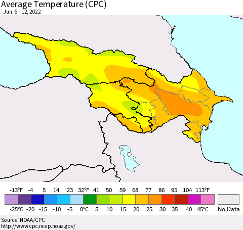 Azerbaijan, Armenia and Georgia Average Temperature (CPC) Thematic Map For 6/6/2022 - 6/12/2022