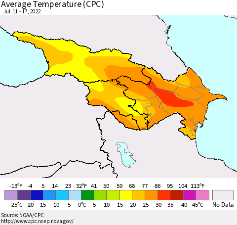 Azerbaijan, Armenia and Georgia Average Temperature (CPC) Thematic Map For 7/11/2022 - 7/17/2022