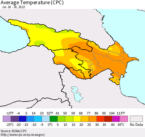 Azerbaijan, Armenia and Georgia Average Temperature (CPC) Thematic Map For 7/18/2022 - 7/24/2022