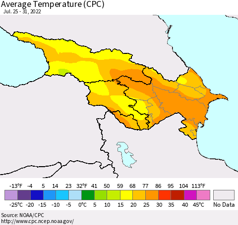 Azerbaijan, Armenia and Georgia Average Temperature (CPC) Thematic Map For 7/25/2022 - 7/31/2022