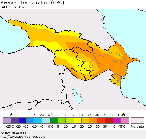 Azerbaijan, Armenia and Georgia Average Temperature (CPC) Thematic Map For 8/8/2022 - 8/14/2022