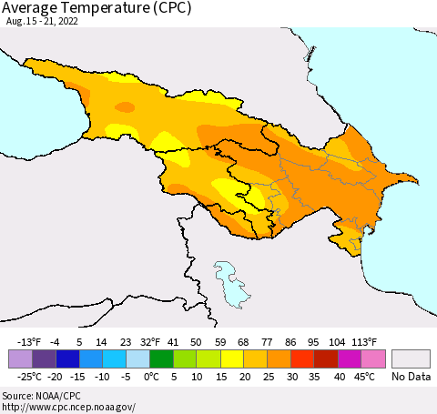 Azerbaijan, Armenia and Georgia Average Temperature (CPC) Thematic Map For 8/15/2022 - 8/21/2022