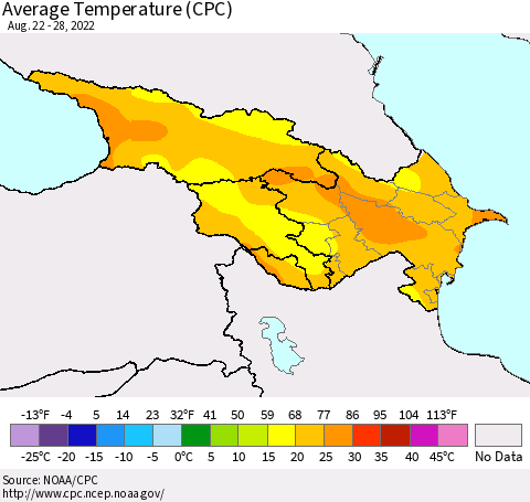 Azerbaijan, Armenia and Georgia Average Temperature (CPC) Thematic Map For 8/22/2022 - 8/28/2022