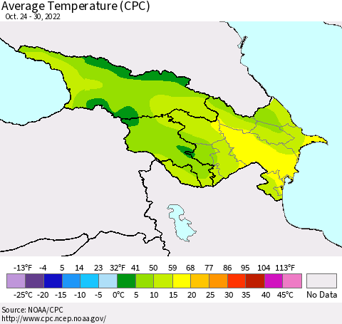 Azerbaijan, Armenia and Georgia Average Temperature (CPC) Thematic Map For 10/24/2022 - 10/30/2022