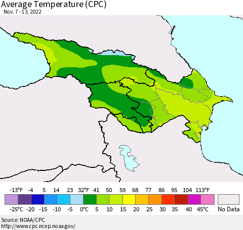 Azerbaijan, Armenia and Georgia Average Temperature (CPC) Thematic Map For 11/7/2022 - 11/13/2022
