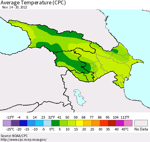 Azerbaijan, Armenia and Georgia Average Temperature (CPC) Thematic Map For 11/14/2022 - 11/20/2022