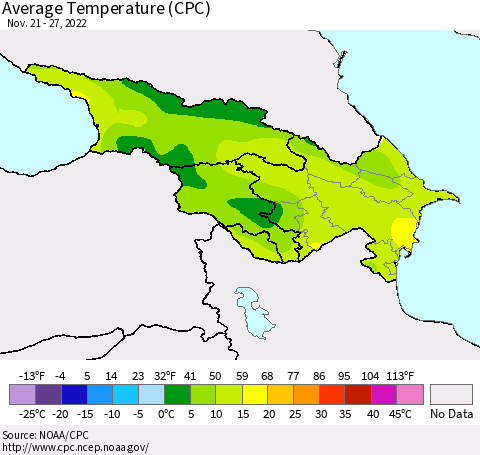 Azerbaijan, Armenia and Georgia Average Temperature (CPC) Thematic Map For 11/21/2022 - 11/27/2022