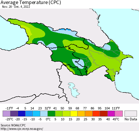 Azerbaijan, Armenia and Georgia Average Temperature (CPC) Thematic Map For 11/28/2022 - 12/4/2022