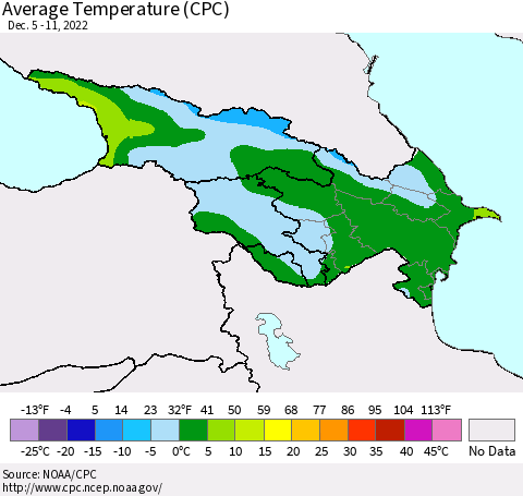 Azerbaijan, Armenia and Georgia Average Temperature (CPC) Thematic Map For 12/5/2022 - 12/11/2022