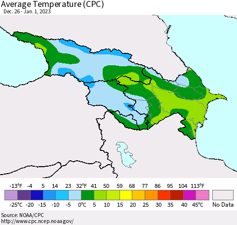 Azerbaijan, Armenia and Georgia Average Temperature (CPC) Thematic Map For 12/26/2022 - 1/1/2023