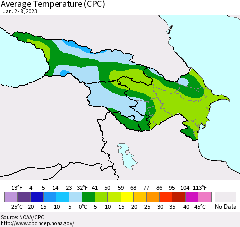 Azerbaijan, Armenia and Georgia Average Temperature (CPC) Thematic Map For 1/2/2023 - 1/8/2023