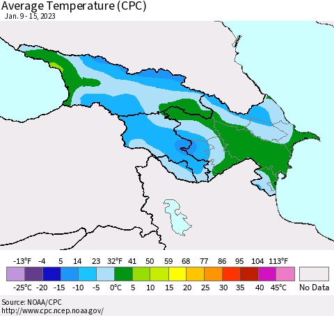 Azerbaijan, Armenia and Georgia Average Temperature (CPC) Thematic Map For 1/9/2023 - 1/15/2023