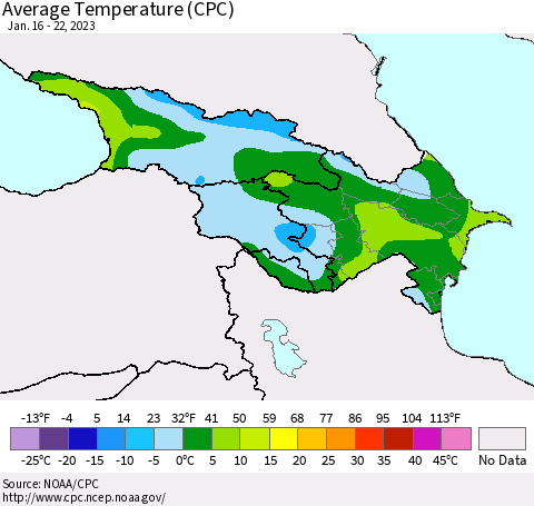 Azerbaijan, Armenia and Georgia Average Temperature (CPC) Thematic Map For 1/16/2023 - 1/22/2023