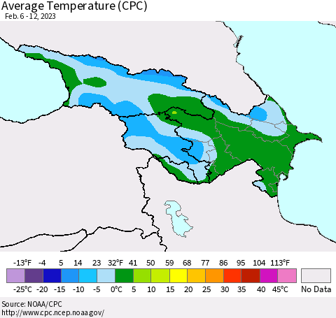 Azerbaijan, Armenia and Georgia Average Temperature (CPC) Thematic Map For 2/6/2023 - 2/12/2023