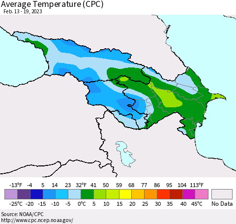 Azerbaijan, Armenia and Georgia Average Temperature (CPC) Thematic Map For 2/13/2023 - 2/19/2023