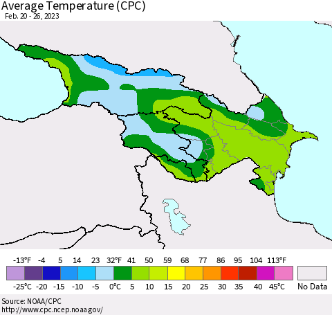 Azerbaijan, Armenia and Georgia Average Temperature (CPC) Thematic Map For 2/20/2023 - 2/26/2023
