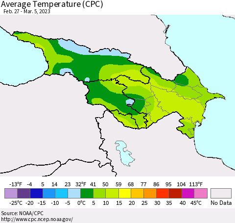 Azerbaijan, Armenia and Georgia Average Temperature (CPC) Thematic Map For 2/27/2023 - 3/5/2023