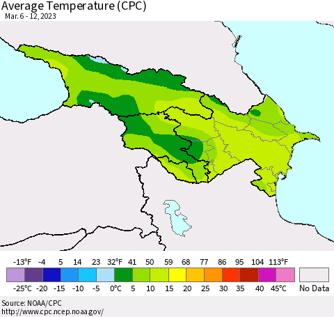 Azerbaijan, Armenia and Georgia Average Temperature (CPC) Thematic Map For 3/6/2023 - 3/12/2023
