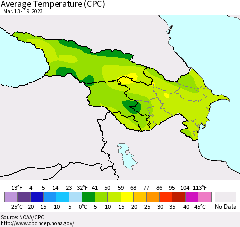 Azerbaijan, Armenia and Georgia Average Temperature (CPC) Thematic Map For 3/13/2023 - 3/19/2023