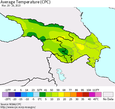 Azerbaijan, Armenia and Georgia Average Temperature (CPC) Thematic Map For 3/20/2023 - 3/26/2023