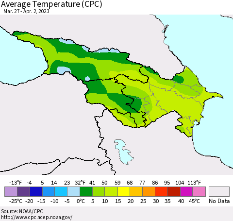 Azerbaijan, Armenia and Georgia Average Temperature (CPC) Thematic Map For 3/27/2023 - 4/2/2023