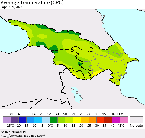 Azerbaijan, Armenia and Georgia Average Temperature (CPC) Thematic Map For 4/3/2023 - 4/9/2023