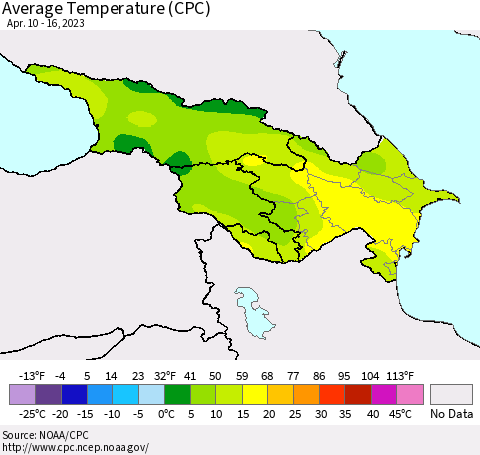 Azerbaijan, Armenia and Georgia Average Temperature (CPC) Thematic Map For 4/10/2023 - 4/16/2023