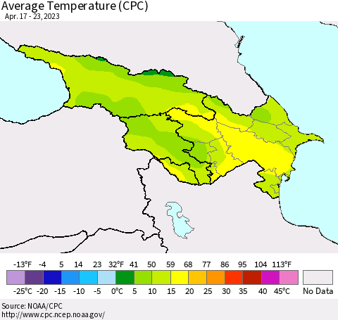 Azerbaijan, Armenia and Georgia Average Temperature (CPC) Thematic Map For 4/17/2023 - 4/23/2023