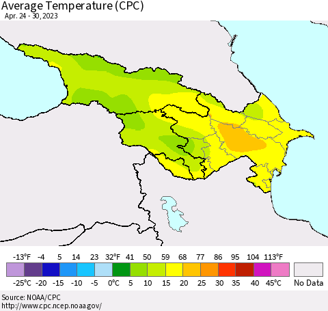 Azerbaijan, Armenia and Georgia Average Temperature (CPC) Thematic Map For 4/24/2023 - 4/30/2023