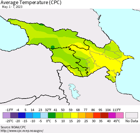 Azerbaijan, Armenia and Georgia Average Temperature (CPC) Thematic Map For 5/1/2023 - 5/7/2023