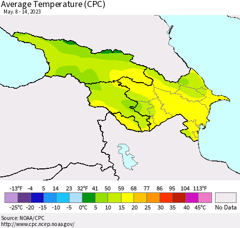 Azerbaijan, Armenia and Georgia Average Temperature (CPC) Thematic Map For 5/8/2023 - 5/14/2023