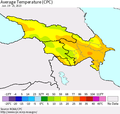 Azerbaijan, Armenia and Georgia Average Temperature (CPC) Thematic Map For 6/19/2023 - 6/25/2023