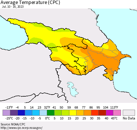 Azerbaijan, Armenia and Georgia Average Temperature (CPC) Thematic Map For 7/10/2023 - 7/16/2023