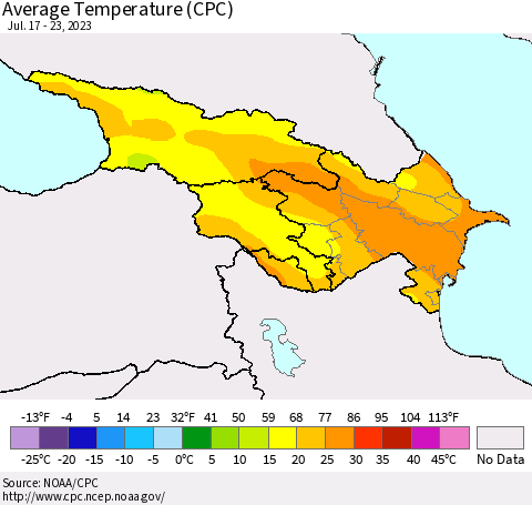 Azerbaijan, Armenia and Georgia Average Temperature (CPC) Thematic Map For 7/17/2023 - 7/23/2023