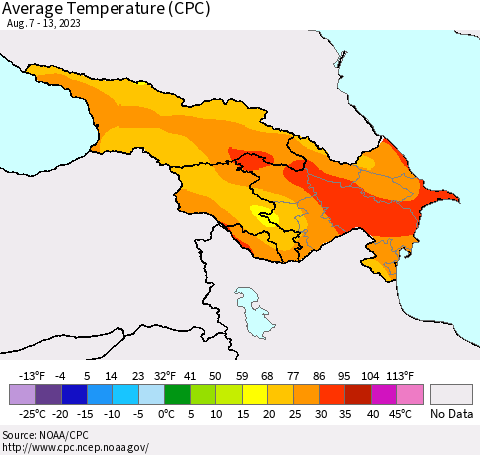 Azerbaijan, Armenia and Georgia Average Temperature (CPC) Thematic Map For 8/7/2023 - 8/13/2023