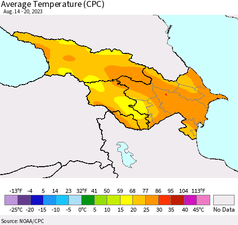 Azerbaijan, Armenia and Georgia Average Temperature (CPC) Thematic Map For 8/14/2023 - 8/20/2023