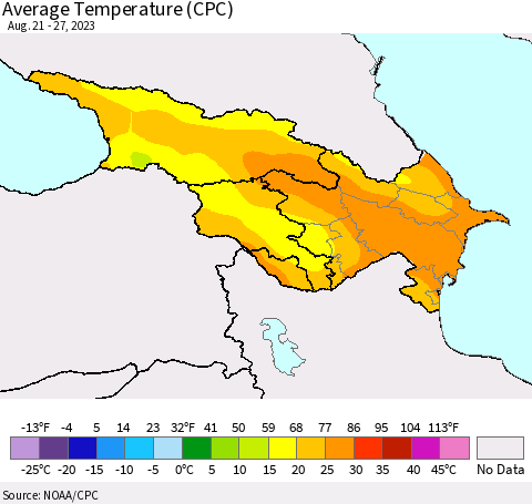 Azerbaijan, Armenia and Georgia Average Temperature (CPC) Thematic Map For 8/21/2023 - 8/27/2023
