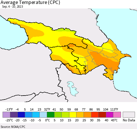 Azerbaijan, Armenia and Georgia Average Temperature (CPC) Thematic Map For 9/4/2023 - 9/10/2023
