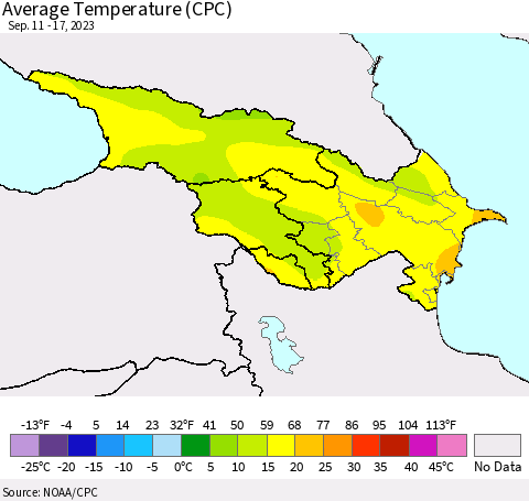 Azerbaijan, Armenia and Georgia Average Temperature (CPC) Thematic Map For 9/11/2023 - 9/17/2023